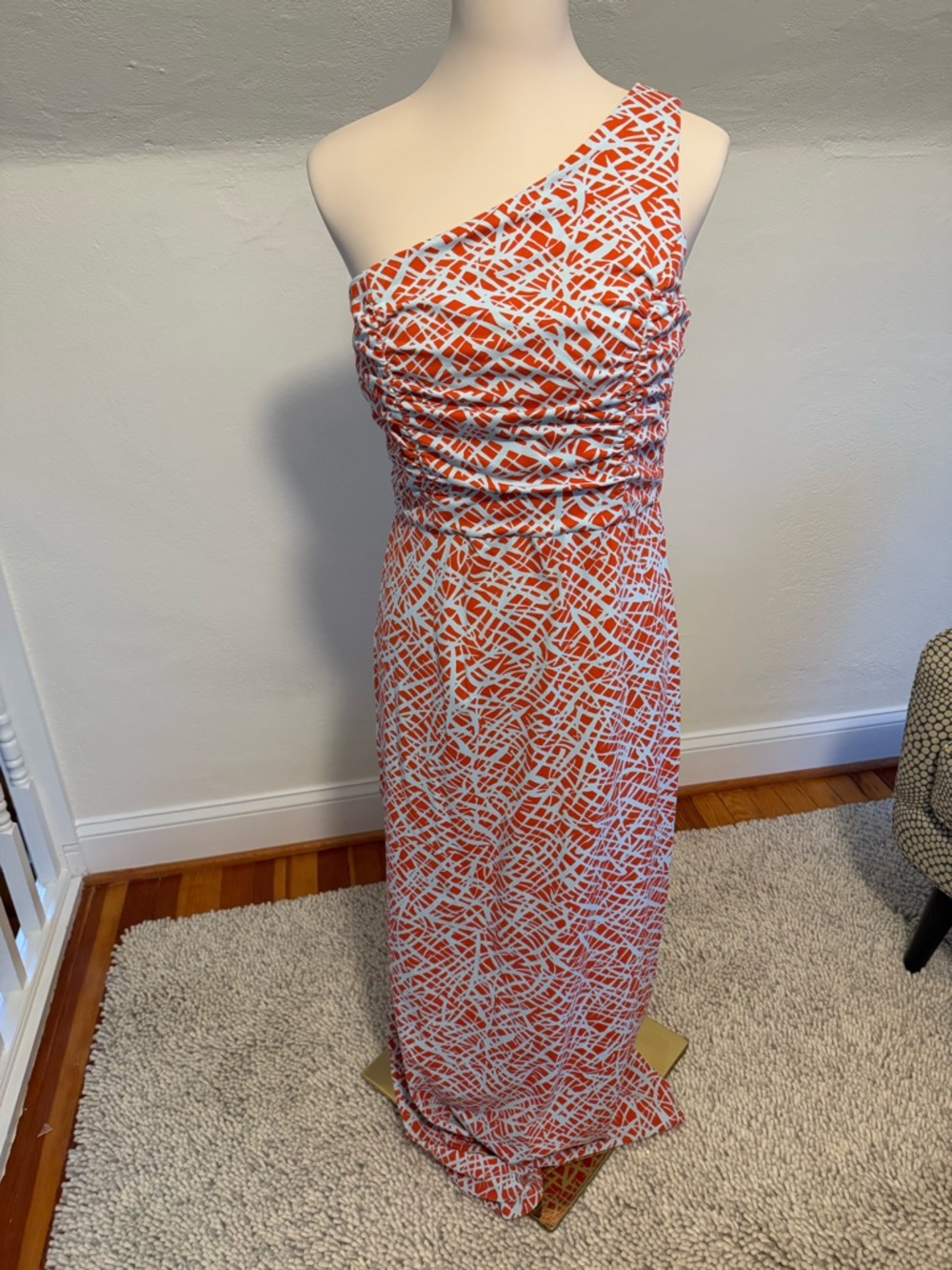 J. McLaughlin Orange and White One-Shoulder Ruched Maxi Dress Size Medium